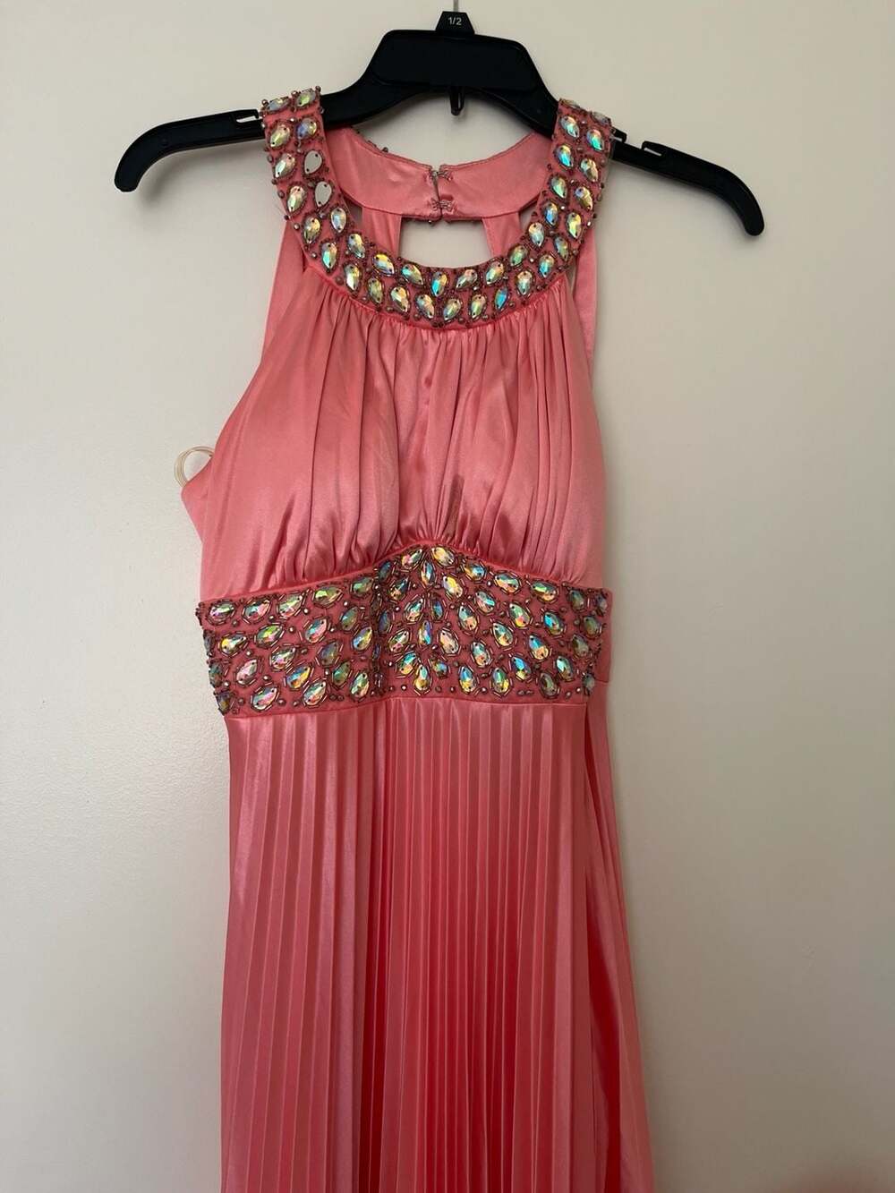 Coral Pink Halter Pleated Formal Dress with Rhinestone Embellishments